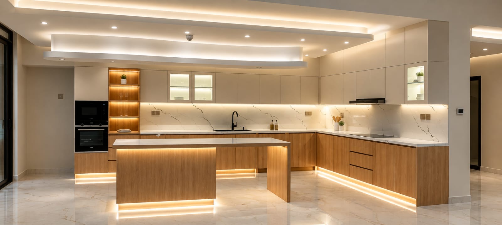 Luxury Modern Villa Interior – Elegant Kitchen & Floating Staircase Design in Marina sadaf 2